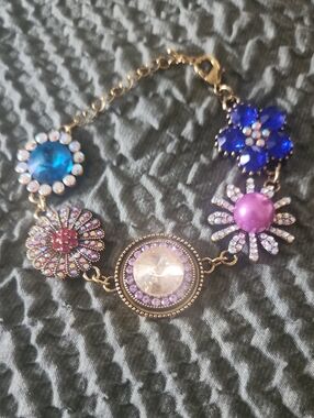 Multicolor Floral Crystal Statement Bracelet - Purple & Blue Accents